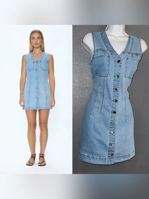 Vigoss Women's Denim Cotton Button-Up V-Neck Mini Dress Small - Medium - Image 2