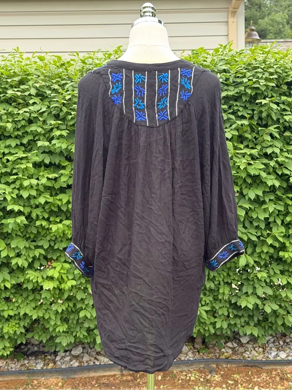 Free People Embroidered Boho Tunic Top Black Blue Festival Peasant Indie Artisan - Image 5