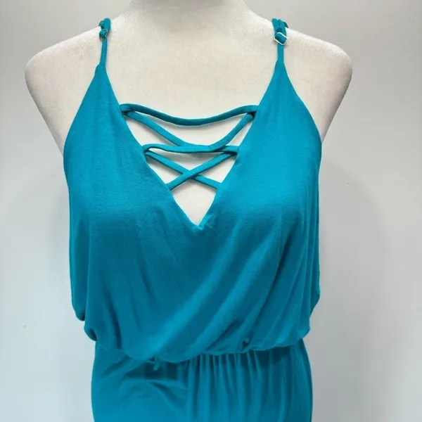 Turquoise Maxi Dress Knit Strappy Backless ModCloth by South Grand Size Medium - Image 7