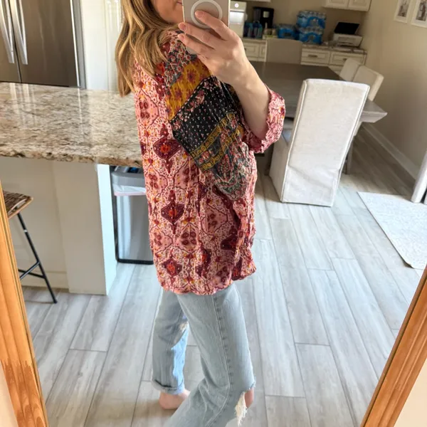 Umgee + XL Boho Patchwork Print Peasant Blouse Top Tie Neck Long Sleeve - Image 4