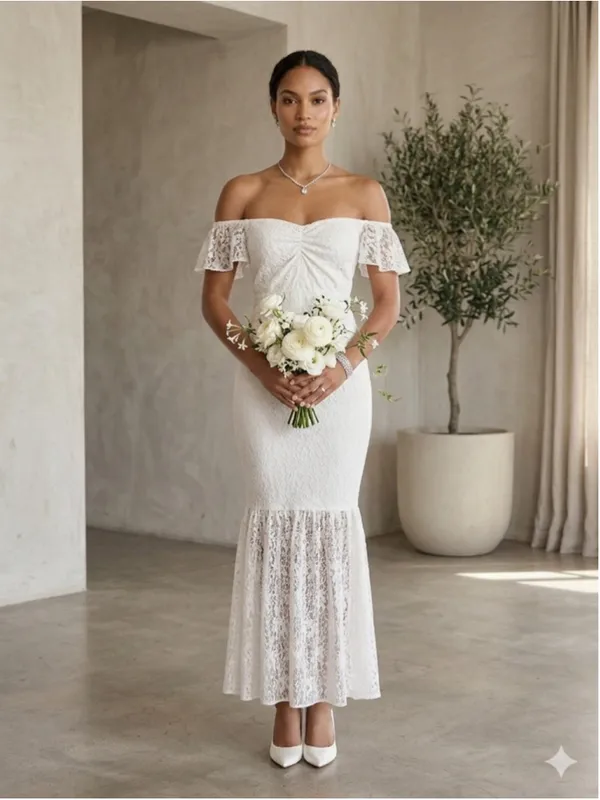 White Lace Mermaid Wedding Dress Off Shoulder Prom Bridal Gown Minimalist Size M - Image 3