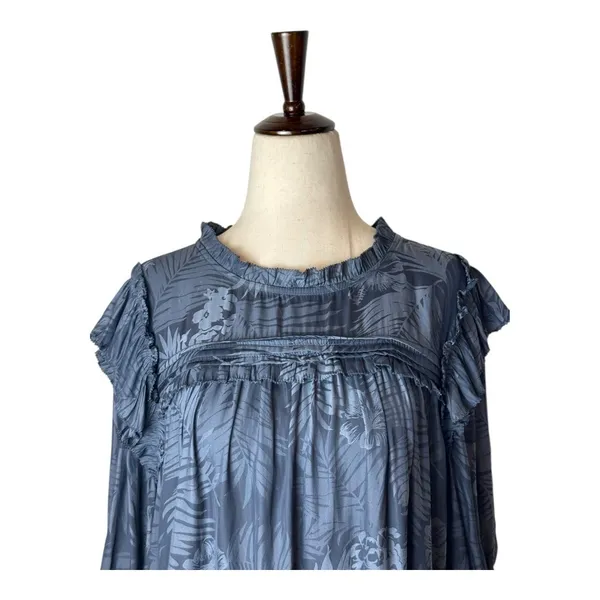 Pookie & Sebastian Shirt Women Large Blue Floral Ruffle Trim Blouse‎ Tropical - Image 4