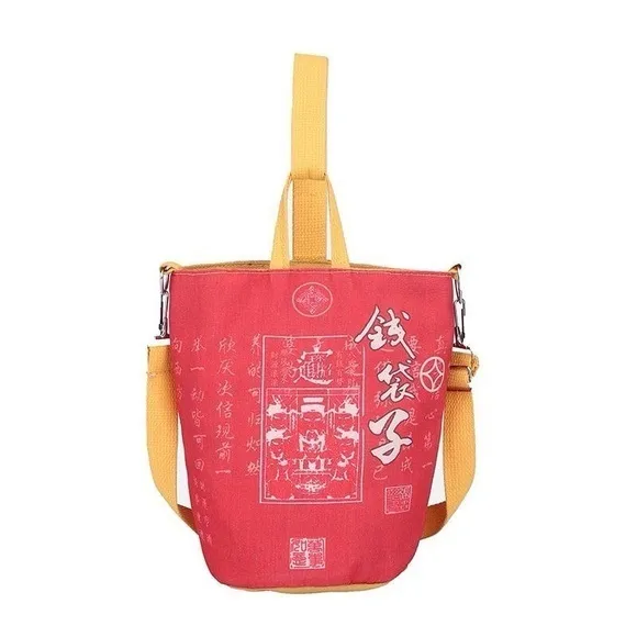 Red Canvas Bucket Crossbody Bag Chinese Noodle Cup Style‎ Small Shoulder Bag new - Image 2