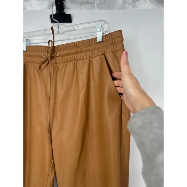 LOFT Faux Leather Joggers Women XL Brown Elastic‎ Waist Drawstring Pockets - Image 3