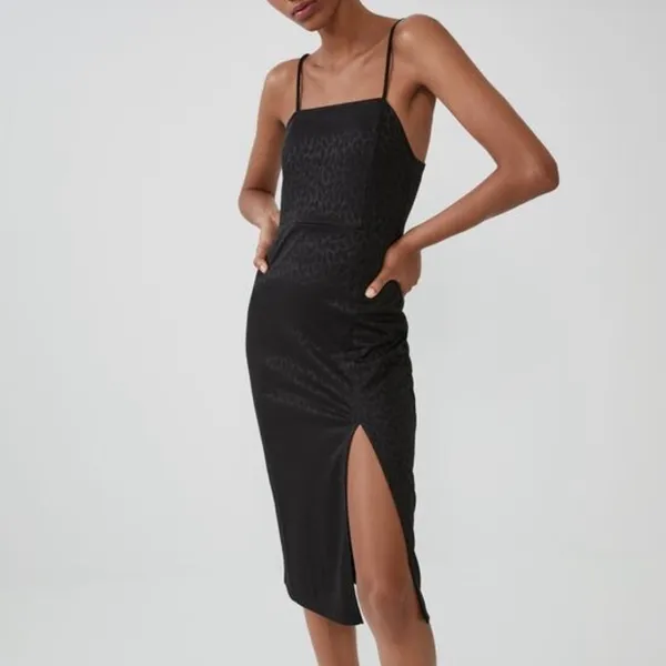 Zara Textured Weave Printed Slit Midi Dress in Black Size‎ Large - Image 8
