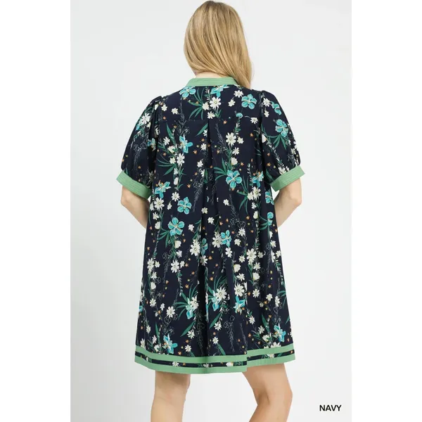 Umgee Floral Puff Sleeve Dress with Contrast Trim - Navy - Small - Image 3
