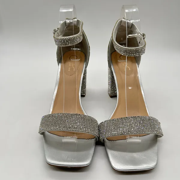 Womens Sandals 8W Wide Silver Rhinestones Open Toe Block‎ Heel C Comfort Brand - Image 4