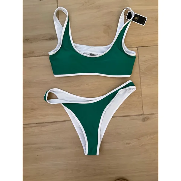 NEW Green Brazilian Scoop Neck Bikini 2 Pc High Cut Thong L - Image 3
