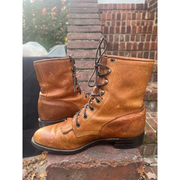 Vintage Justin Boots Brown Leather Kiltie Lace Up Roper Granny Boots 7 - Image 7