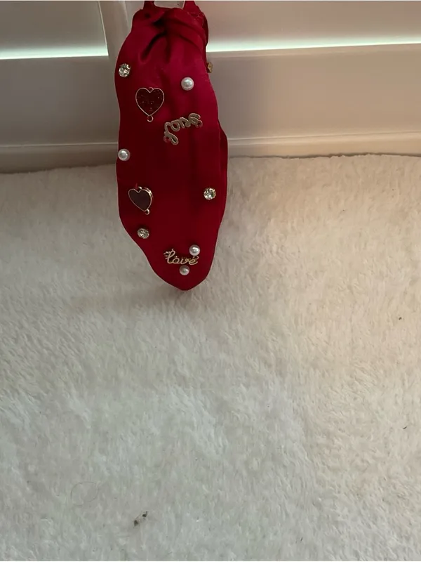Primark Red Satin Knotted Headband with Pearl & Gold Details - Image 2