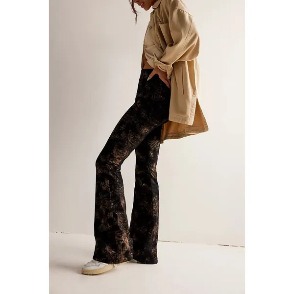 Free People NWT Jayde Black Tie Printed Metallic Black Flare Jeans - Image 2