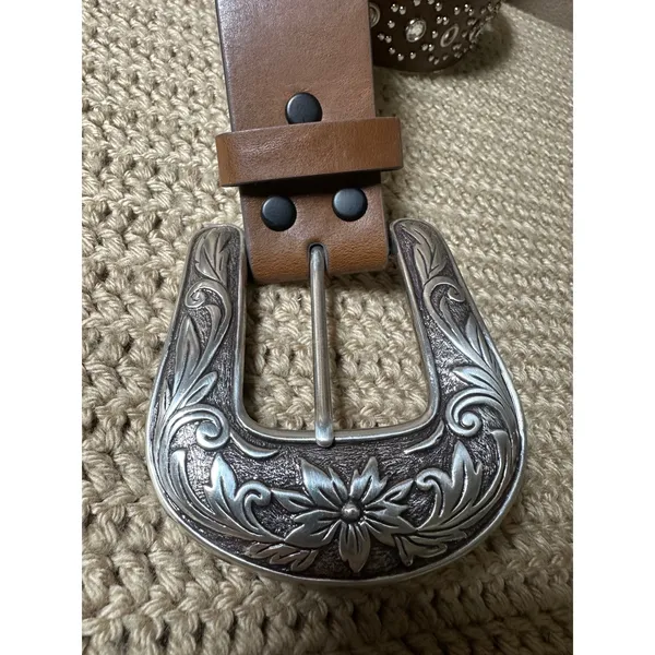 Western Brown Leather Rhinestone Studded Belt Medium Floral Engraved Buckle - Image 2