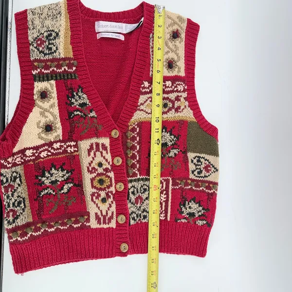 Robert Scott Ltd Womens Red Patchwork Floral Hand Knit Linen‎ Cotton Vest Large - Image 6