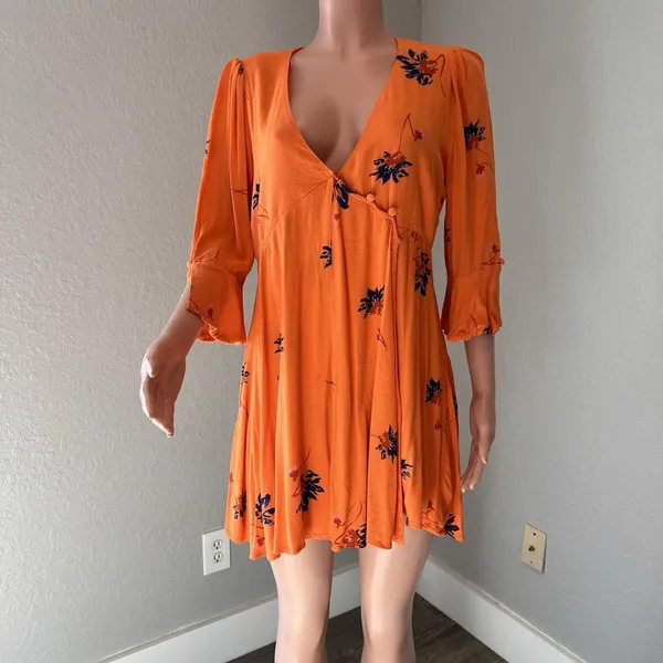 Free People Mini Dress Surplice Wrap Floral Boho Hippie Peasant Orange Bell Sz M - Image 12