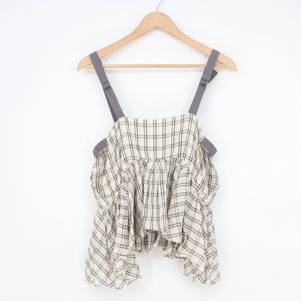 Free People Plaid Peplum Camisole Top Small Cream Black Adjustable Straps Cotton - Image 5