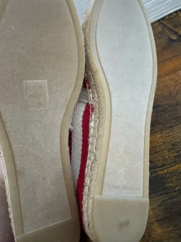 Tory Burch Fray Stripe Espadrille Flats Red White Canvas Logo Slip On Shoes 8.5 - Image 6