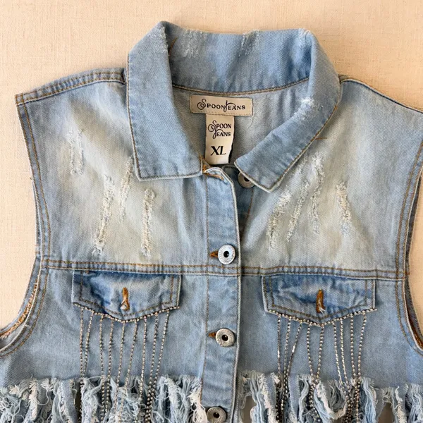 Spoon Jeans Denim Vest Women XL Blue Distressed Rhinestone Fringe Western Crop - Image 12