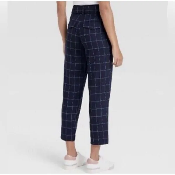 A New Day plaid Tapered crop Pants High Rise Size 14 Navy Blue Belted NEW - Image 3