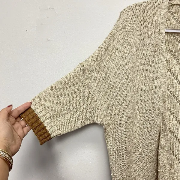 Democracy‎ Open Cardigan Women's XL Beige Gold Lurex Open Knit Sweater - Image 4