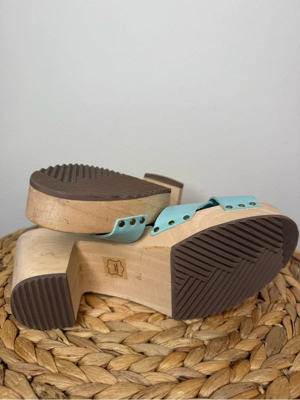 Loft Leather Platform Clog Sandals Buckle Strap Light Blue Criss cross strap - Image 5