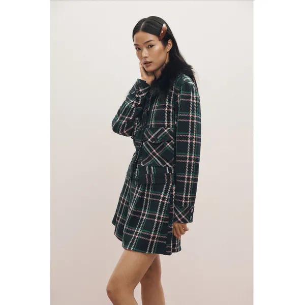 Maeve Anthropologie Plaid Faux Fur Collar Cropped‎ Jacket Green L NWT - Image 11
