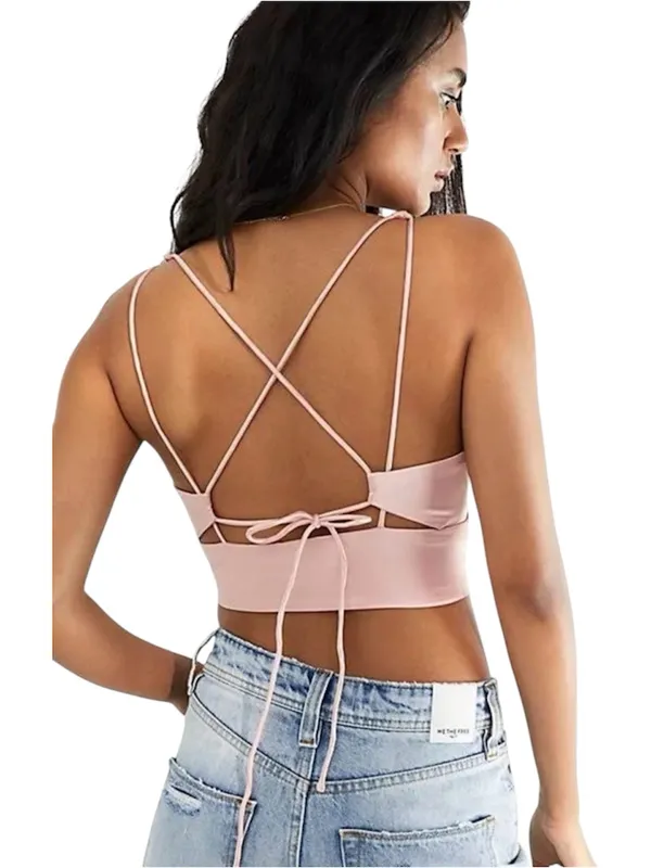 Free People Soft Pink Satin Crop Top W/ Open Back Size X-Small - Image 2