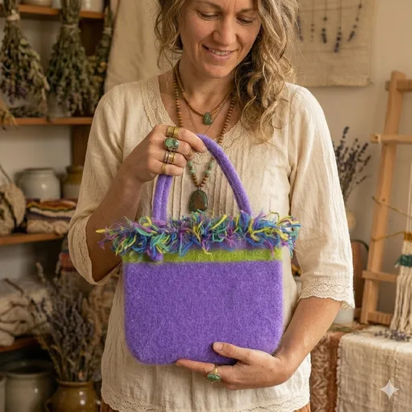 Hand Felted Wool Tote Bag Purple Handmade Boho Cottagecore Whimsy Fairy‎ Purse - Image 2