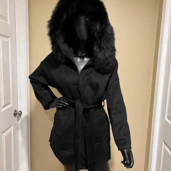 Fox Fur Winter Trench Coat Wool Jacket Parka Bomber Fall Jacket Warm Cardigan Black Size M - Image 4