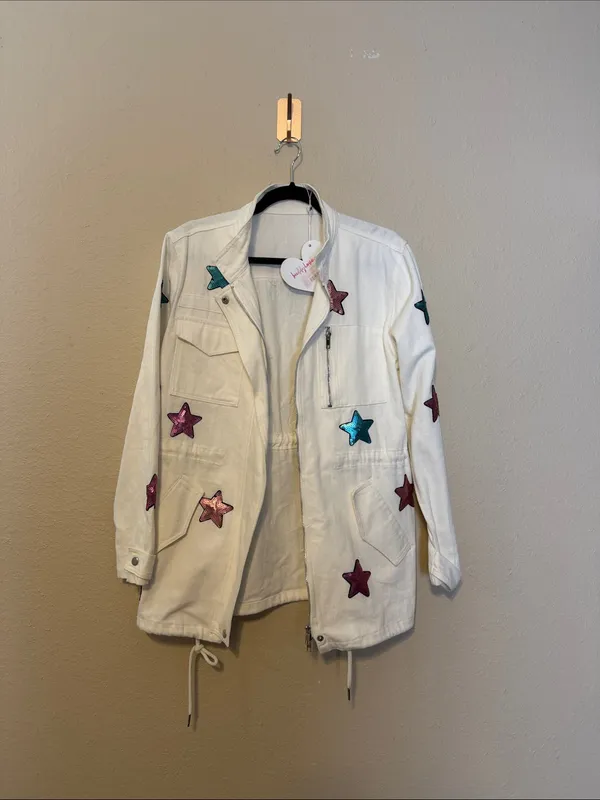 Buddy‎ Love White Denim Sequin Star Jacket Size Medium NWT - Image 5