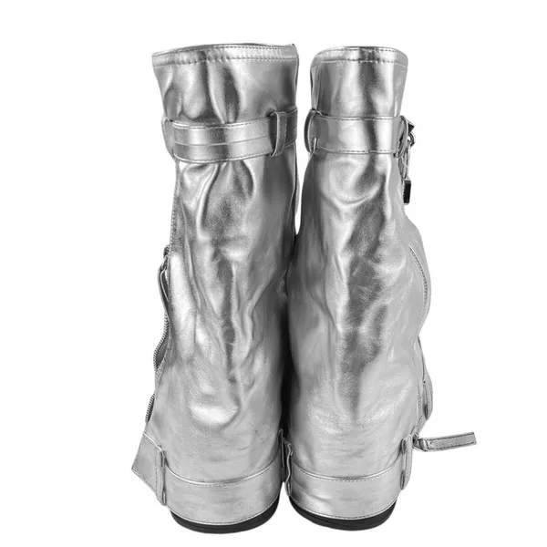 Women's Silver Metallic Leather Zip Fold Over Padlock Platform Mid Calf Boots 10 - Image 4