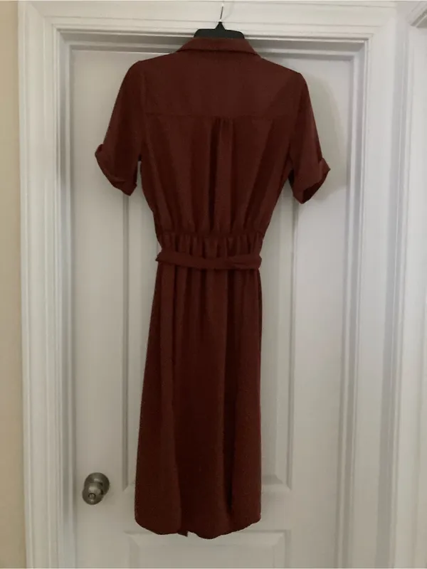 Women's Rust Collared Midi Shirt Dress with Waist Tie - Image 4