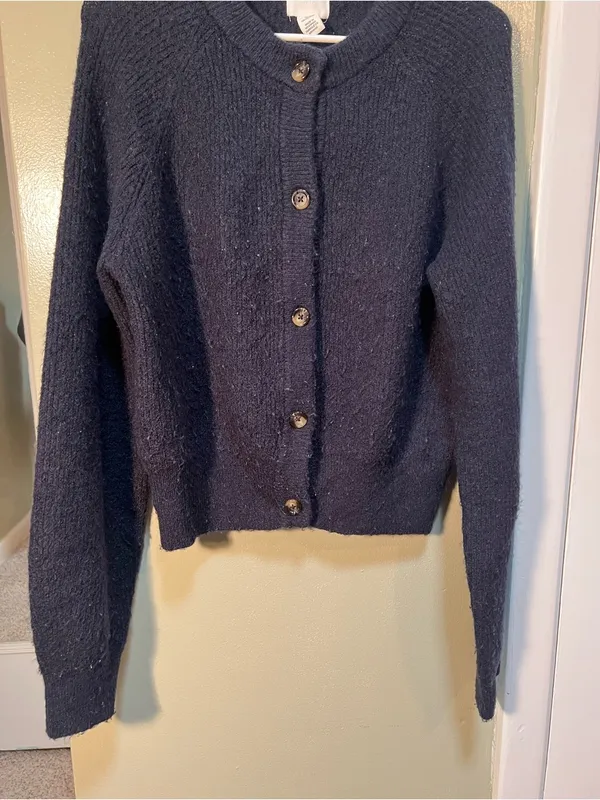 H&M Women's Size Large Rib-Knit Cardigan Sweater Navy Blue Crewneck Stretch Wool - Image 4