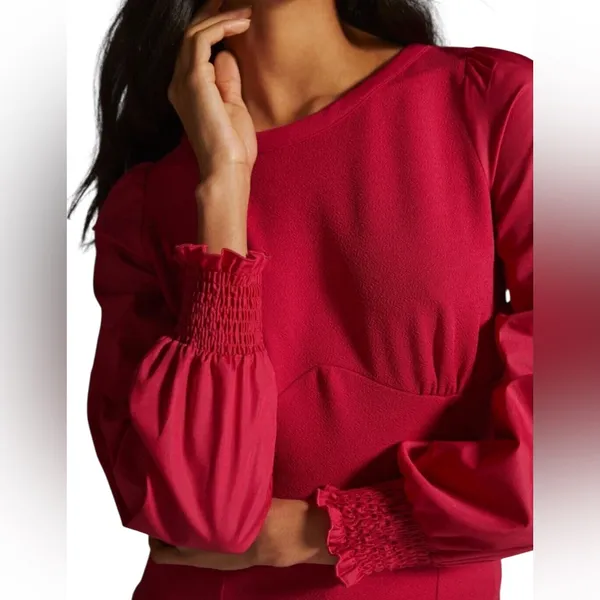 Anthropologie Red Structured Long Sleeve Cropped Blouse Top M - Image 3