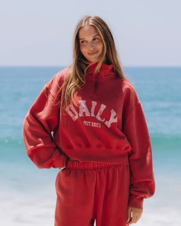 Daily Drills Cropped Half-Zip Sweatshirt in Red - Image 2