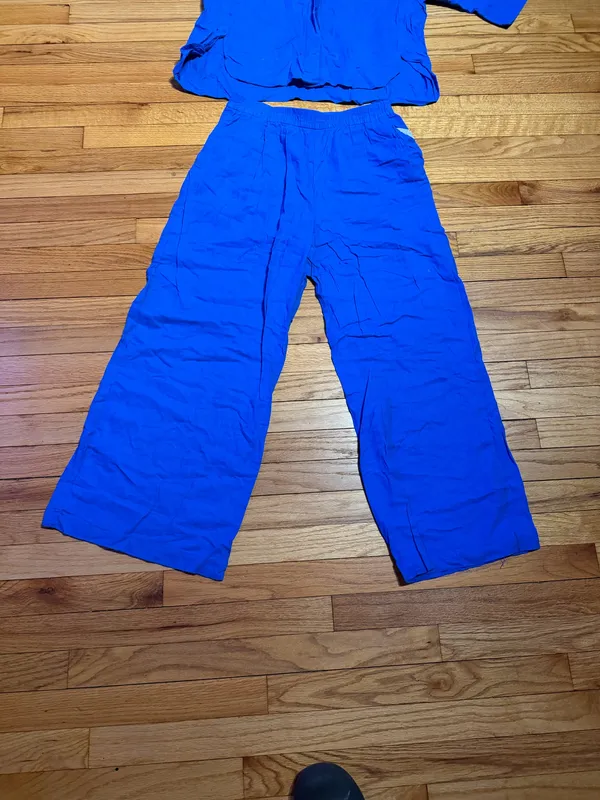 Zara Linen Matching set button shirt Coord wide pant drawstring lounge blue M - Image 4