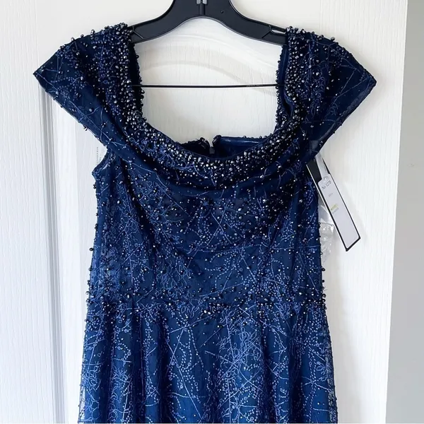 Alexander By‎ Daymor Beaded Gown Maxi Slit Dress Wedding Off-Shoulder Navy 6 NWT - Image 4