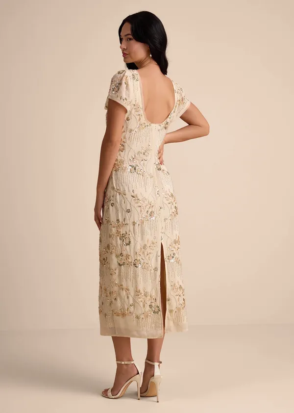 LULUS XS Ivory Puff Short Sleeve V Neck Floral Embroidered Midi Dress Back Slit - Image 3