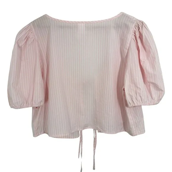 Abound Nordstrom Baby Pink Tie Front Cotton‎ Poplin Crop Top Size XL Puff Sleeve - Image 5