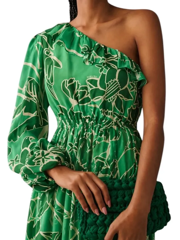 FARM Rio Tropical Green One-Shoulder Ruffle Midi Dress Size XS - Image 3