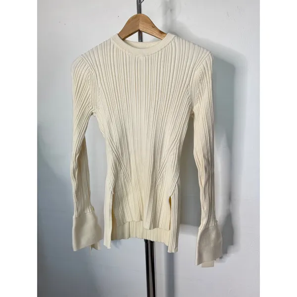 3.1 Phillip Lim Sweater Cream Ribbed Wool Blend Tie Cuff Side Slit Pullover - Image 3