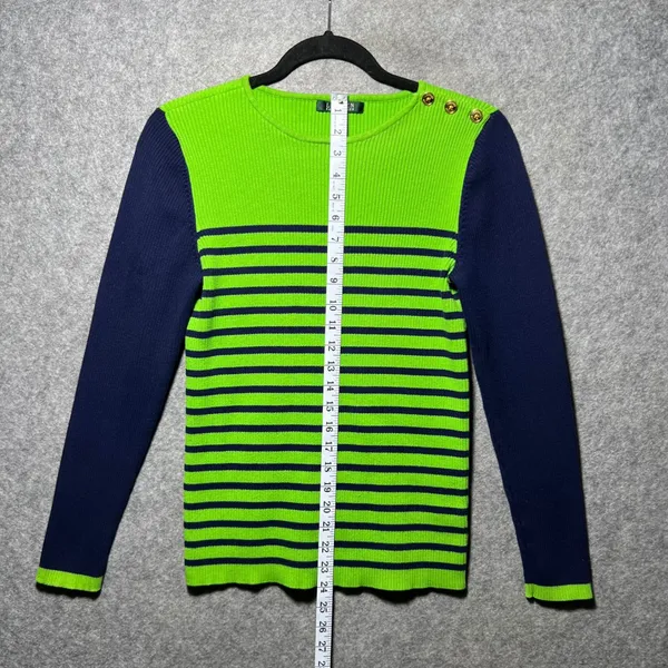 Lauren Ralph Lauren Lime Green Navy Striped Ribbed Sweater Gold Button L‎ - Image 3