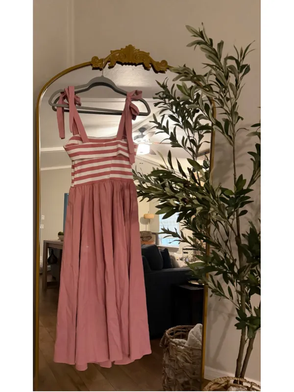 NEW Tie Strap Striped Midi Stretch Dress Pockets Small - Image 8