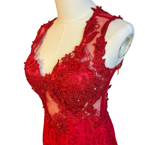 Swing Red Floral Lace Illusion Prom Gown Size 6 - Image 2