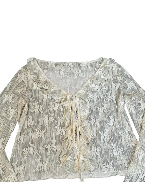 Cream Sheer Lace Tie Front Top Flare Sleeve Cottagecore Renfaire Fairycore - Image 2