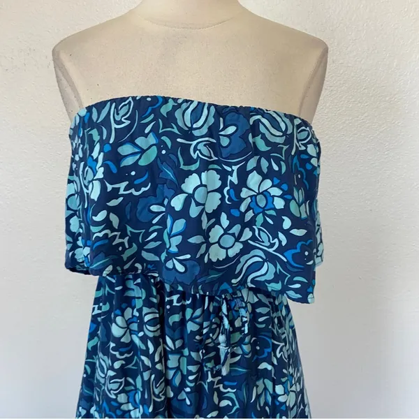 Japna Blue Floral Strapless Ruffle Elastic Waist Maxi Dress - Image 6