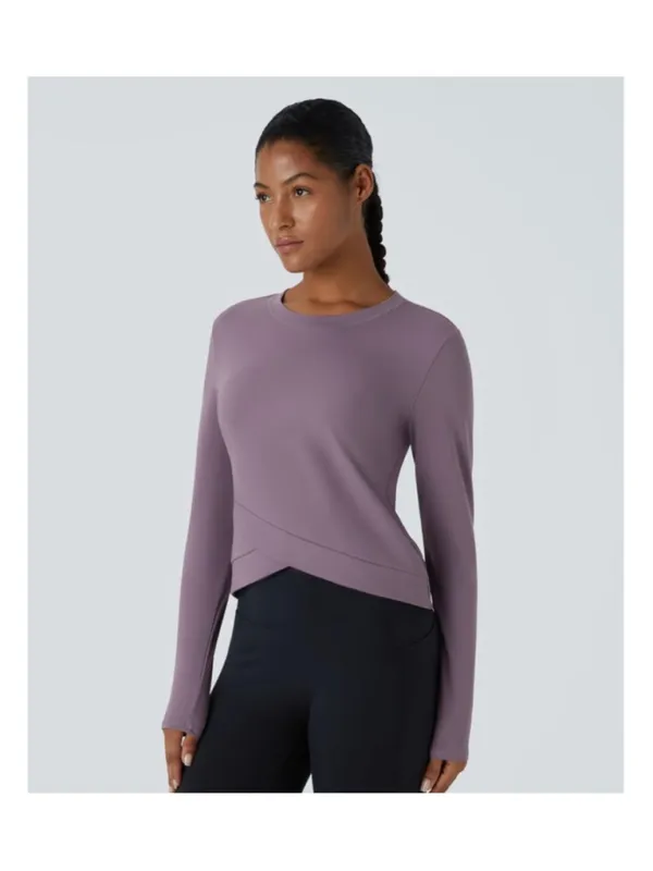 Size M Halara Plush Round Neck Crossover Hem Yoga Sports Top Black - Image 7