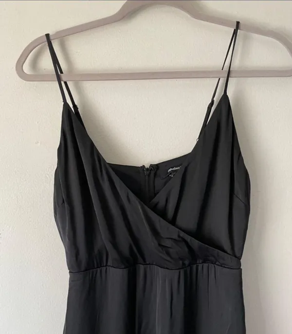 Madewell Black Satin Cami V-Neck Side Button Faux Wrap Knee Length Dress - Image 6