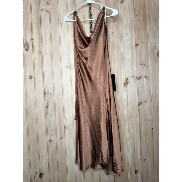 NWT Lulus Sophisticated Impression Brown Satin Backless Cowl Midi Dress Party XS - Image 2