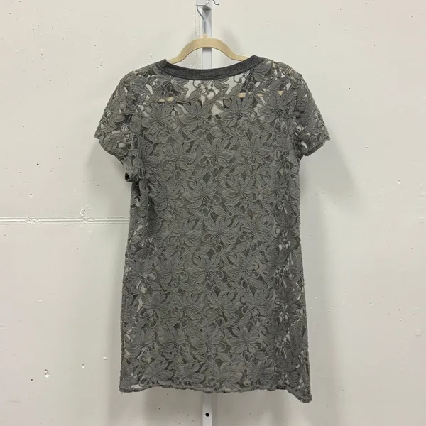 Anthropologie Grey Floral Lace‎ Short Sleeve Tunic Dress Top Medium Sheer Summer - Image 2
