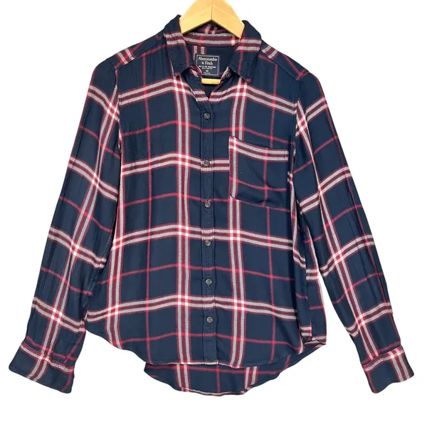 Abercrombie & Fitch Womens Soft Flannel Shirt Blue Red Plaid Long Sleeve XS‎ - Image 3